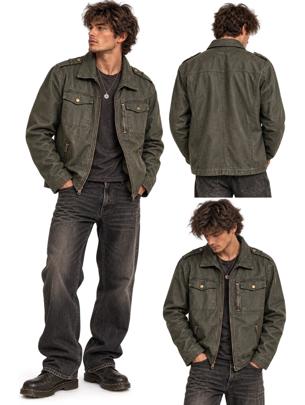 Black Rivet Olive Coated Cotton Military Moto Jacket Size L